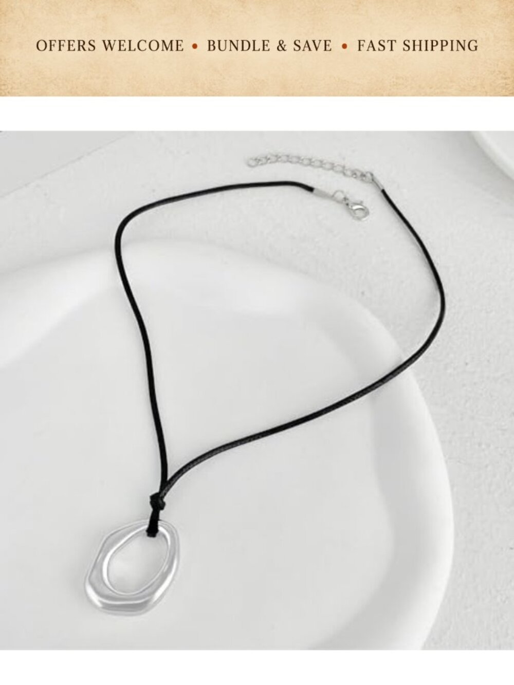 Chunky Round Pendant Choker Necklace Adjustable Wax Cord Boho Western - Picture 2 of 4